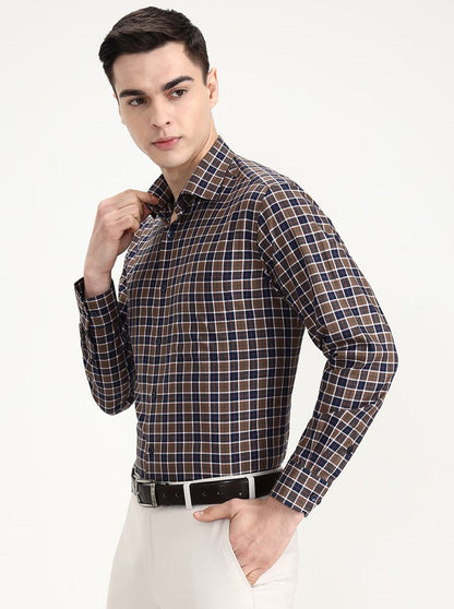 Khakhi & Blue Checked Slim Fit Formal Shirt | Metal