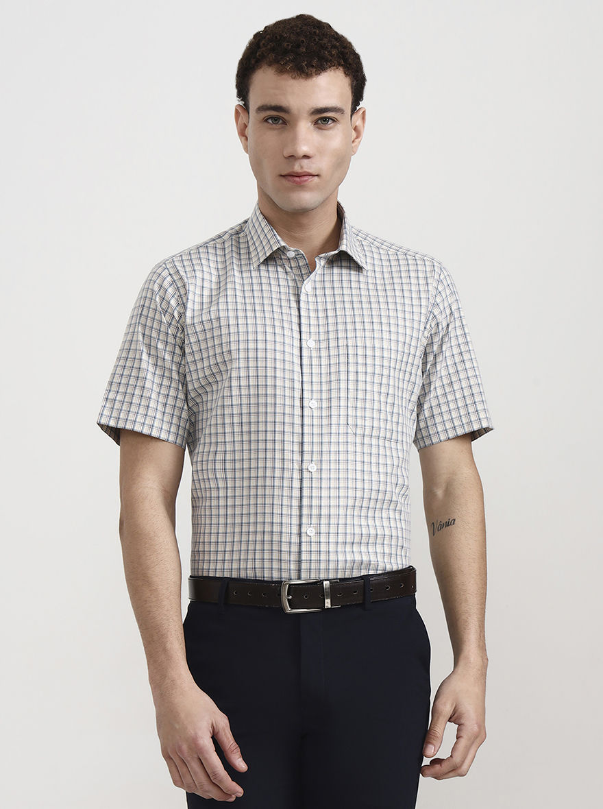 Yellow & Grey Checked Regular Fit Formal Shirt | JadeBlue