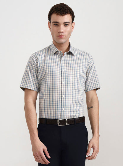 Yellow & Grey Checked Regular Fit Formal Shirt | JadeBlue