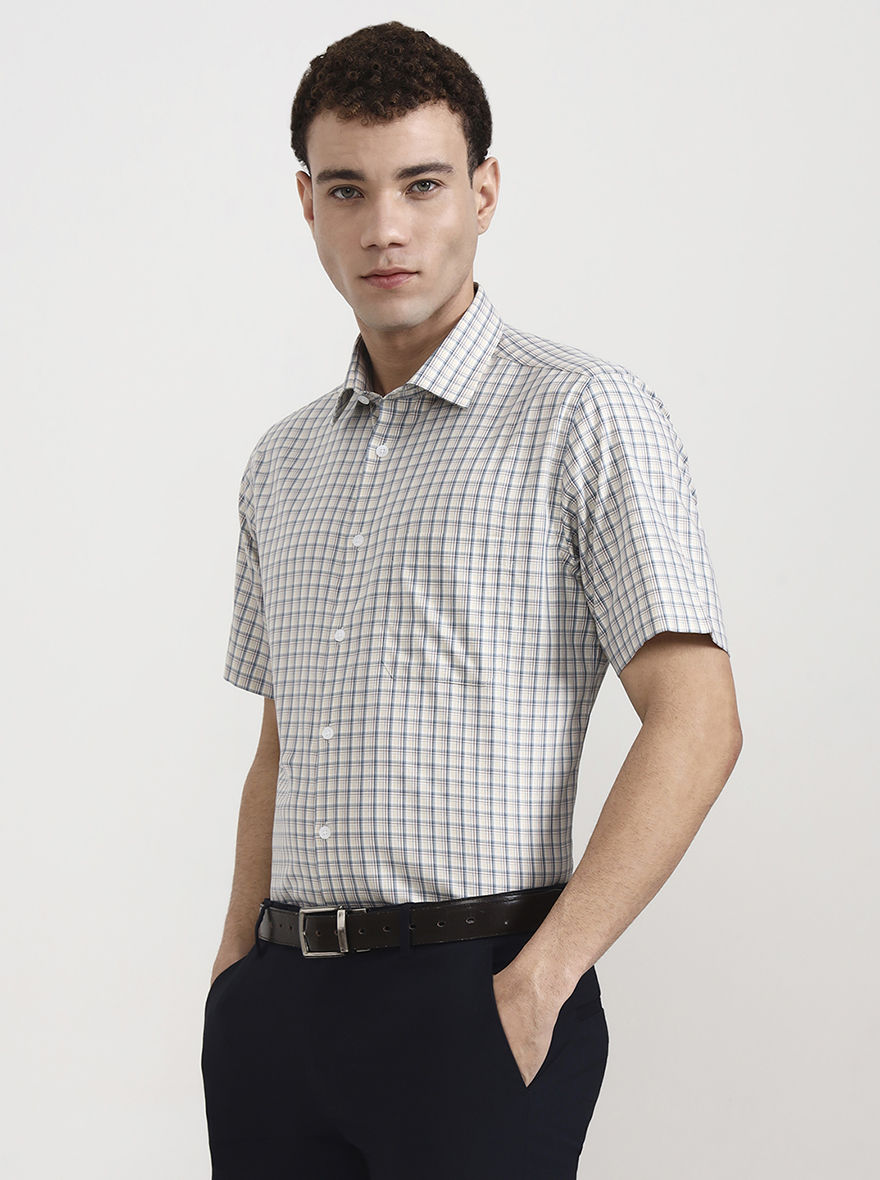 Yellow & Grey Checked Regular Fit Formal Shirt | JadeBlue