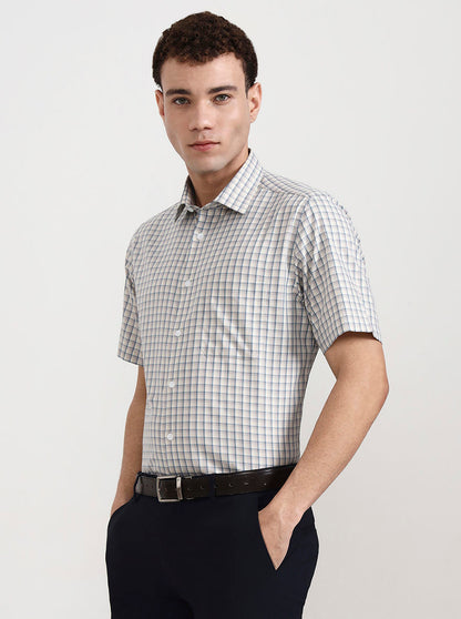 Yellow & Grey Checked Regular Fit Formal Shirt | JadeBlue