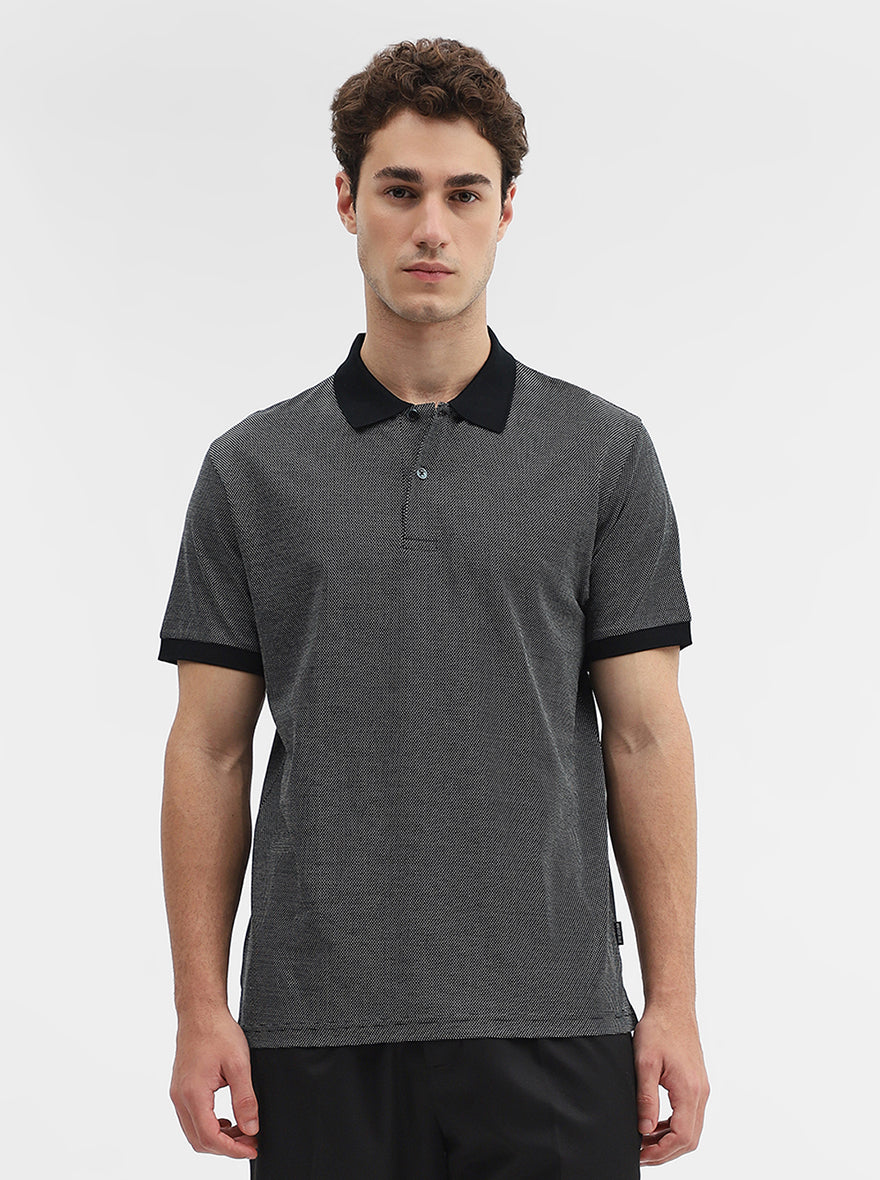 Black Jaquard Slim Fit Polo T-Shirt | JadeBlue