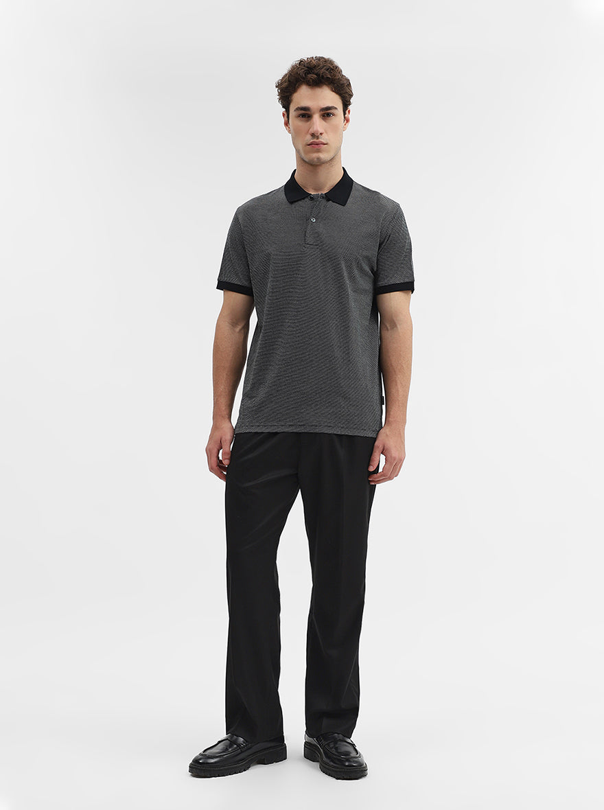 Black Jaquard Slim Fit Polo T-Shirt | JadeBlue