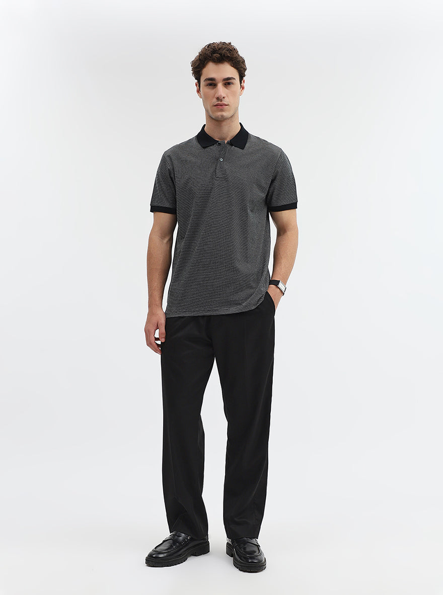 Black Jaquard Slim Fit Polo T-Shirt | JadeBlue