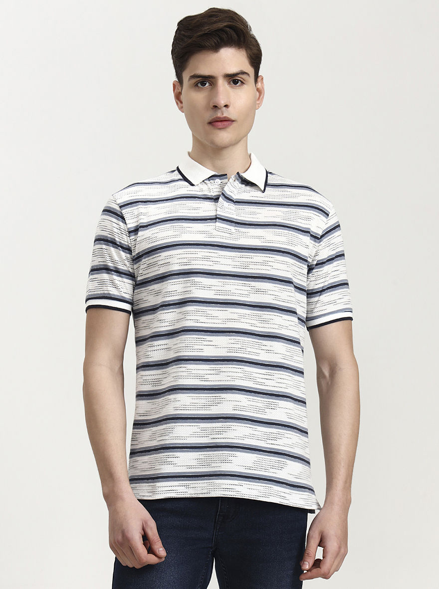 Grey Striped Slim Fit Polo T-Shirt | Greenfibre