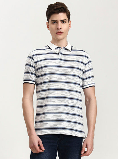Grey Striped Slim Fit Polo T-Shirt | Greenfibre