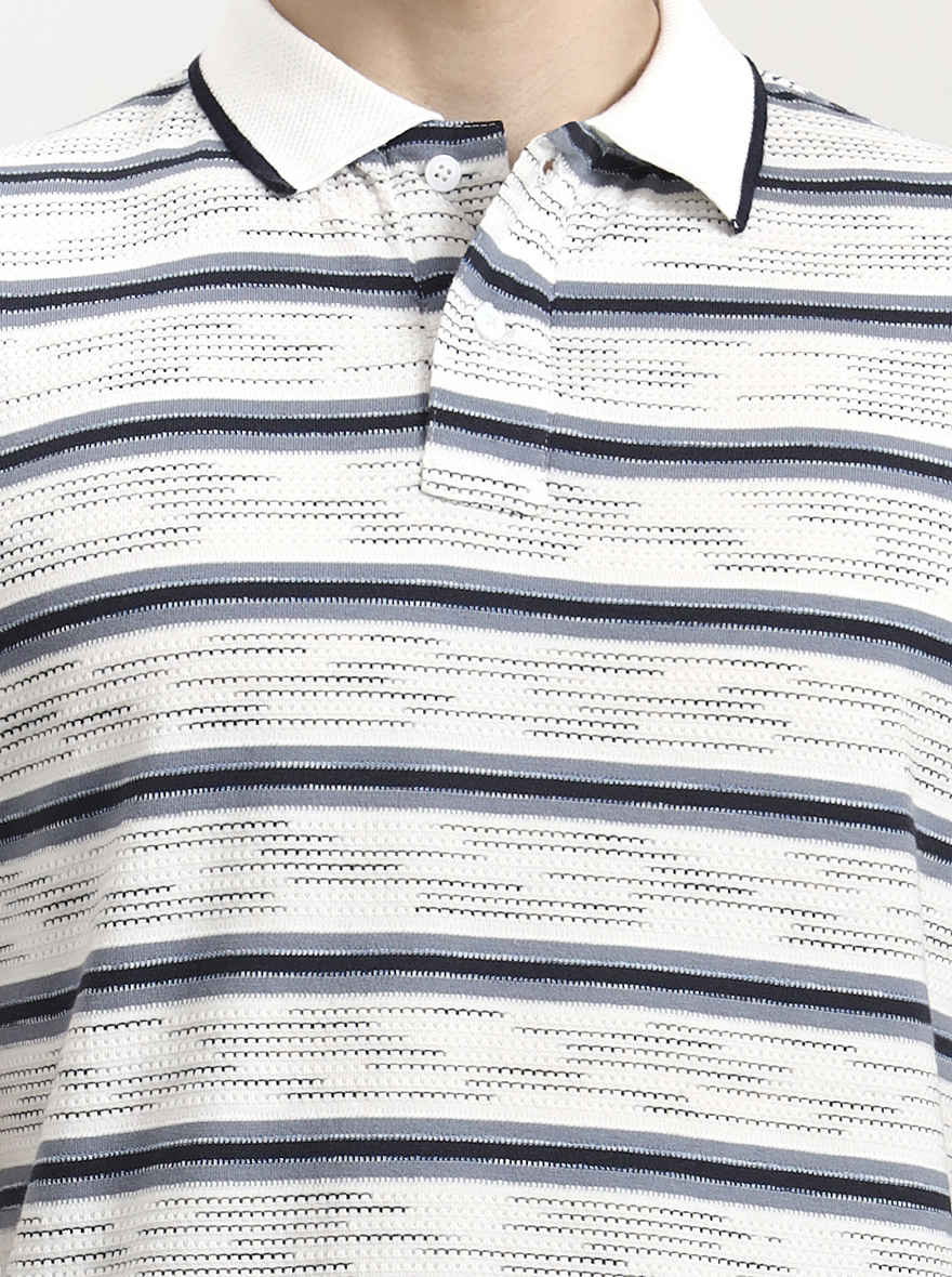 Grey Striped Slim Fit Polo T-Shirt | Greenfibre