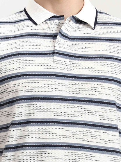 Grey Striped Slim Fit Polo T-Shirt | Greenfibre