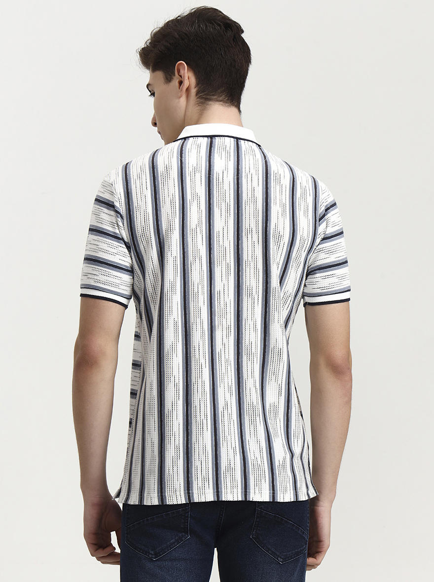 Grey Striped Slim Fit Polo T-Shirt | Greenfibre
