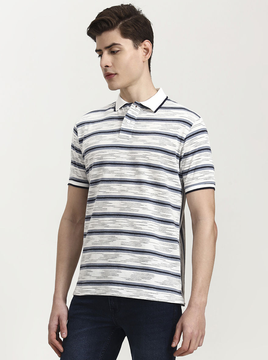 Grey Striped Slim Fit Polo T-Shirt | Greenfibre