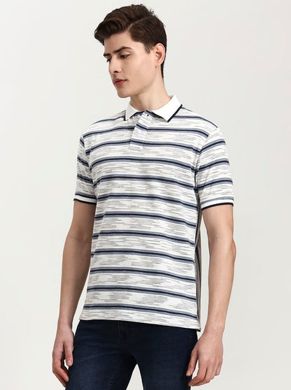 Grey Striped Slim Fit Polo T-Shirt | Greenfibre