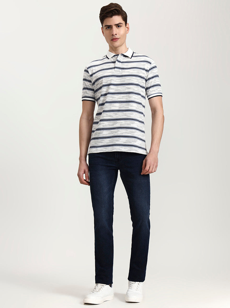 Grey Striped Slim Fit Polo T-Shirt | Greenfibre