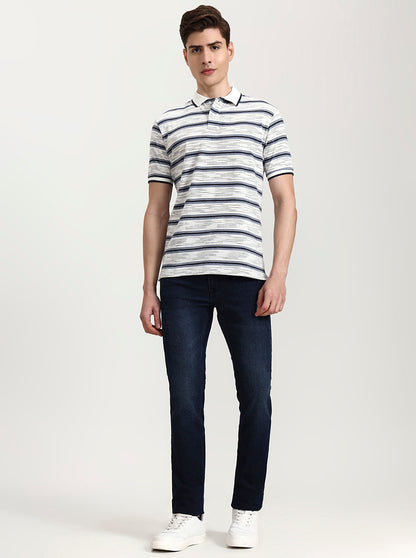 Grey Striped Slim Fit Polo T-Shirt | Greenfibre