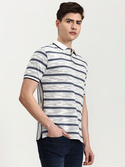 Grey Striped Slim Fit Polo T-Shirt | Greenfibre