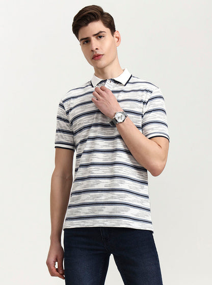 Grey Striped Slim Fit Polo T-Shirt | Greenfibre