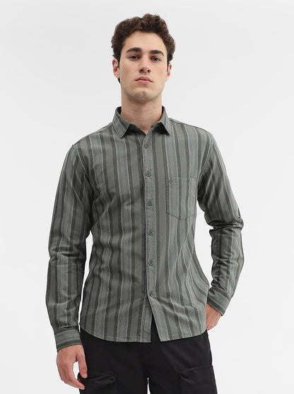 Olive Striped Slim Fit Casual Shirt | Greenfibre