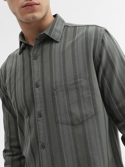 Olive Striped Slim Fit Casual Shirt | Greenfibre