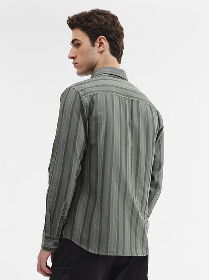 Olive Striped Slim Fit Casual Shirt | Greenfibre