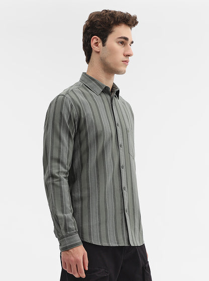 Olive Striped Slim Fit Casual Shirt | Greenfibre