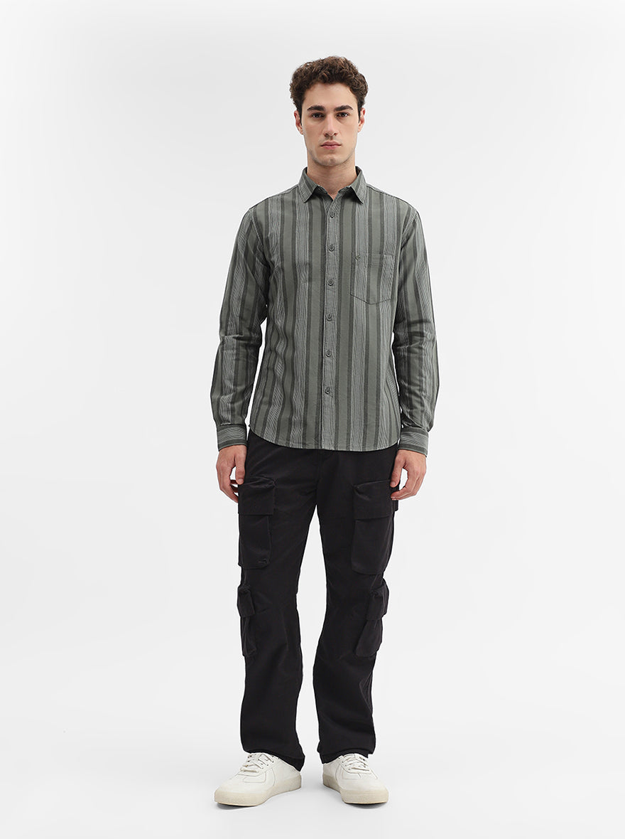 Olive Striped Slim Fit Casual Shirt | Greenfibre