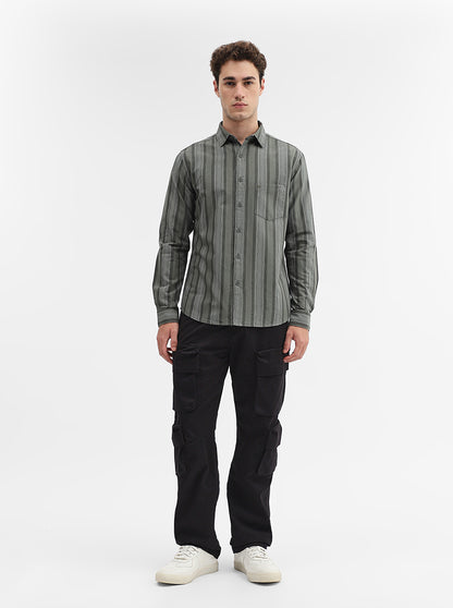 Olive Striped Slim Fit Casual Shirt | Greenfibre
