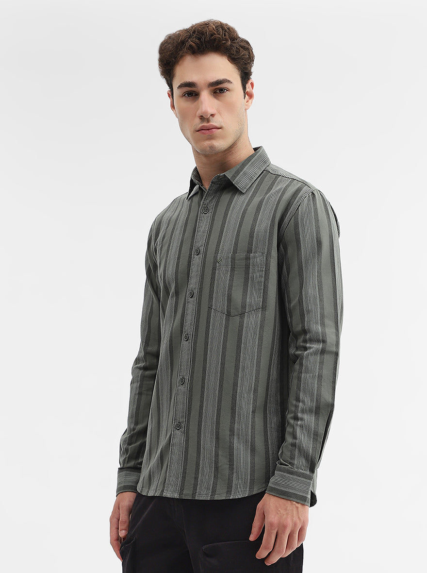 Olive Striped Slim Fit Casual Shirt | Greenfibre