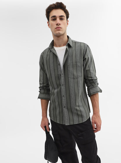 Olive Striped Slim Fit Casual Shirt | Greenfibre
