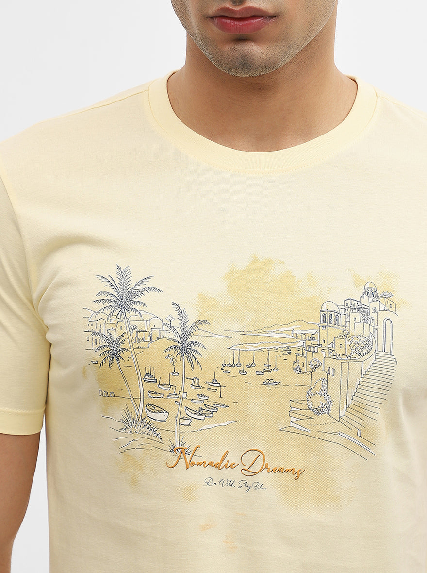 Mustard Printed Slim Fit T-Shirt | Greenfibre