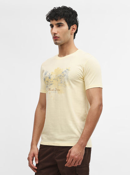 Mustard Printed Slim Fit T-Shirt | Greenfibre