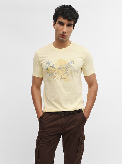 Mustard Printed Slim Fit T-Shirt | Greenfibre