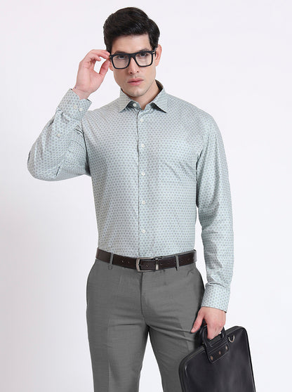 Pista Green Printed Regular Fit Formal Shirt | JadeBlue