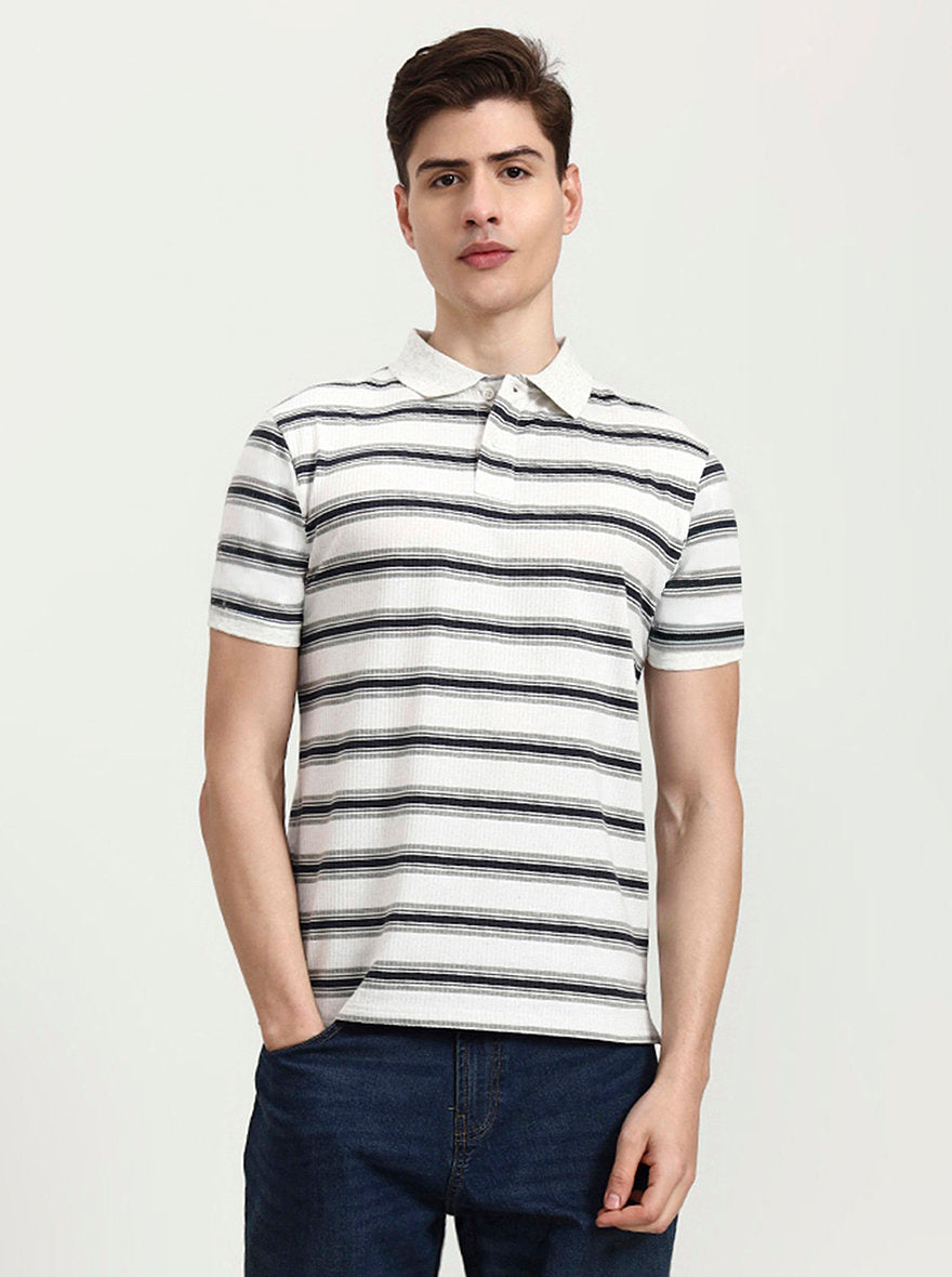 Off White & Navy Striped Slim Fit Polo T-Shirt | Greenfibre
