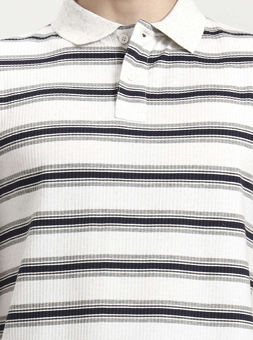 Off White & Navy Striped Slim Fit Polo T-Shirt | Greenfibre