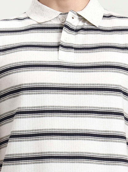 Off White & Navy Striped Slim Fit Polo T-Shirt | Greenfibre