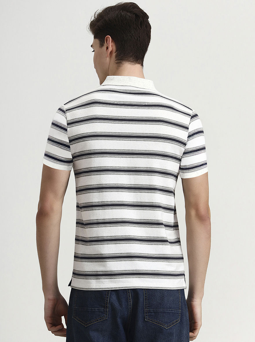 Off White & Navy Striped Slim Fit Polo T-Shirt | Greenfibre