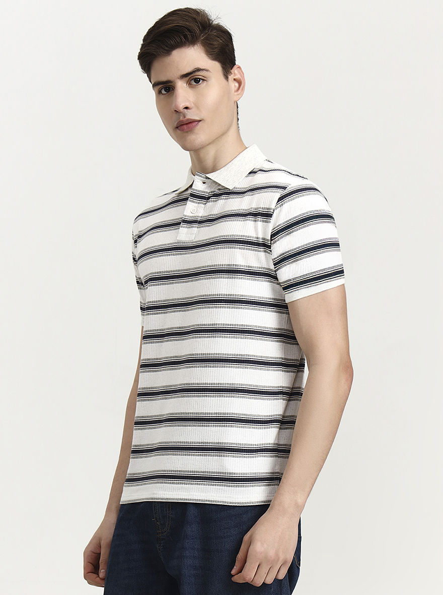 Off White & Navy Striped Slim Fit Polo T-Shirt | Greenfibre