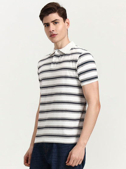 Off White & Navy Striped Slim Fit Polo T-Shirt | Greenfibre