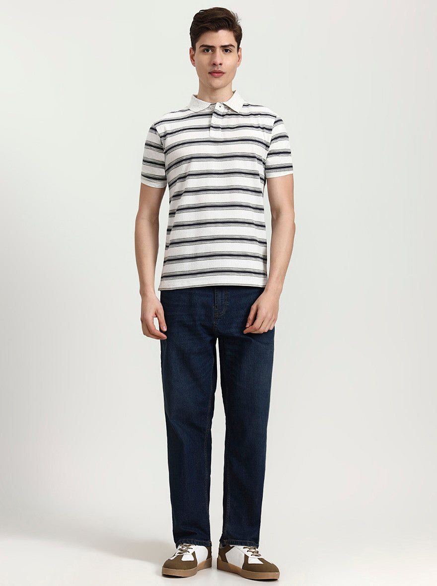 Off White & Navy Striped Slim Fit Polo T-Shirt | Greenfibre