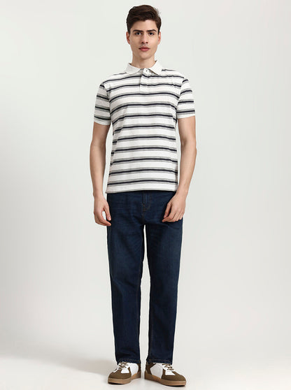 Off White & Navy Striped Slim Fit Polo T-Shirt | Greenfibre