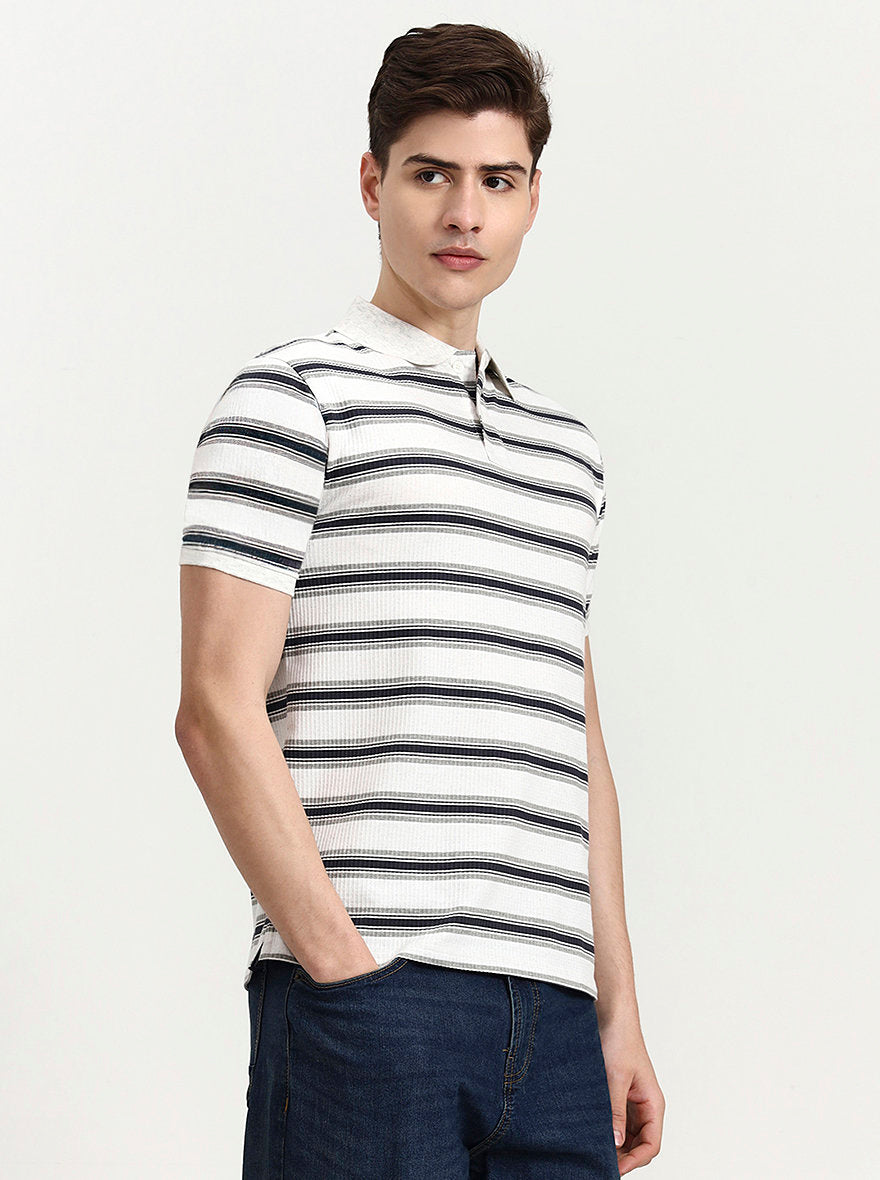 Off White & Navy Striped Slim Fit Polo T-Shirt | Greenfibre
