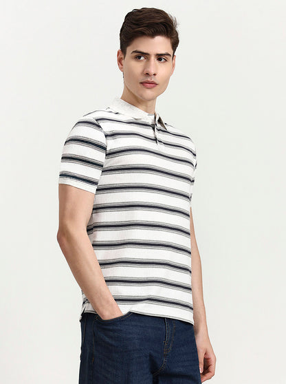 Off White & Navy Striped Slim Fit Polo T-Shirt | Greenfibre