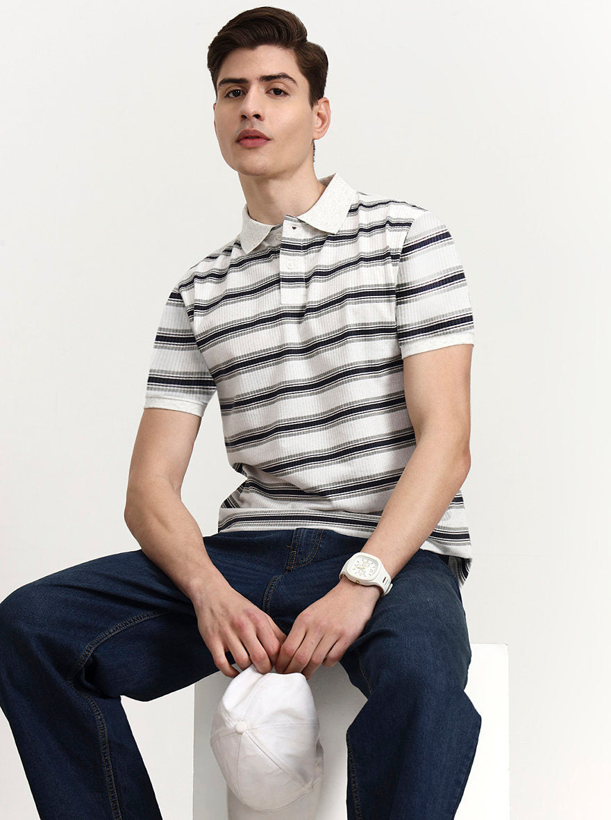 Off White & Navy Striped Slim Fit Polo T-Shirt | Greenfibre