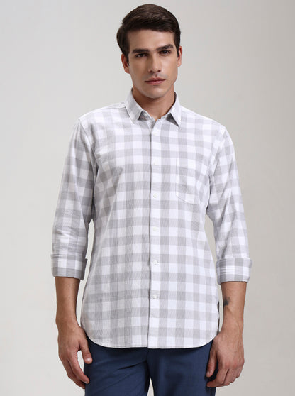 Grey Checked Slim Fit Casual Shirt | JadeBlue