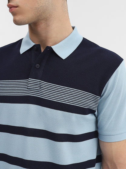 Navy Blue Striped Slim Fit Polo T-Shirt | Greenfibre