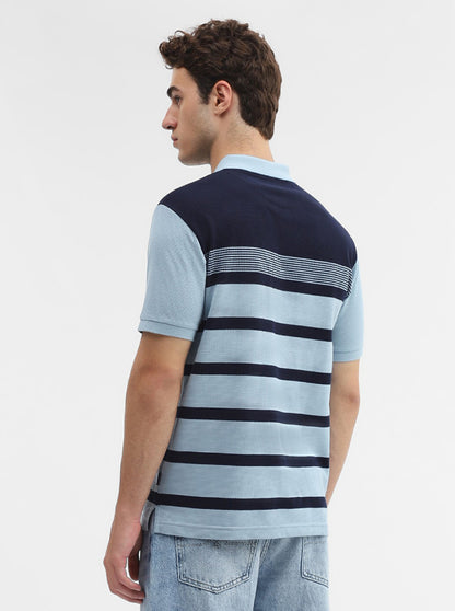 Navy Blue Striped Slim Fit Polo T-Shirt | Greenfibre