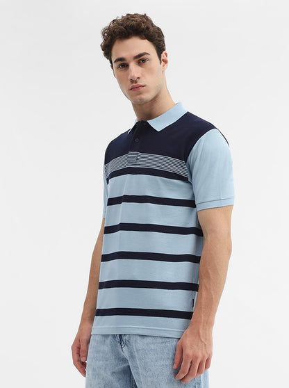 Navy Blue Striped Slim Fit Polo T-Shirt | Greenfibre
