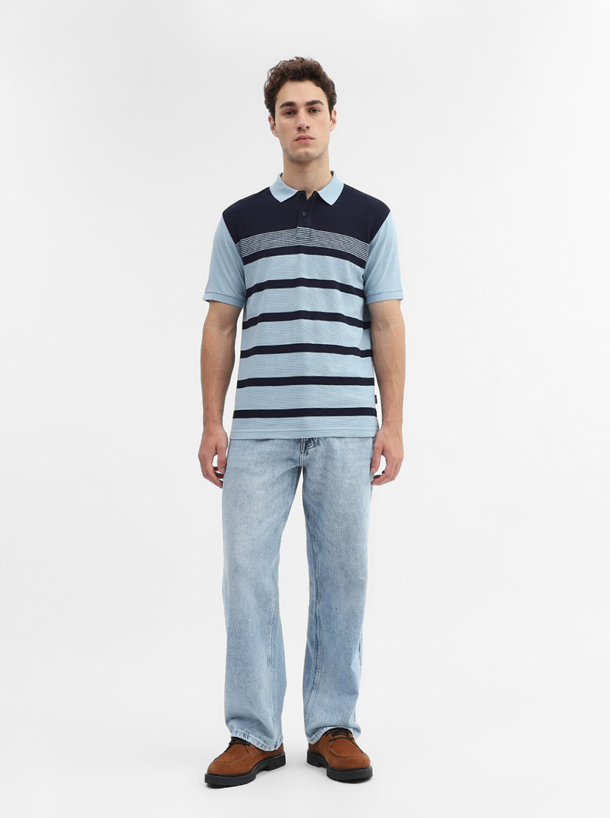 Navy Blue Striped Slim Fit Polo T-Shirt | Greenfibre