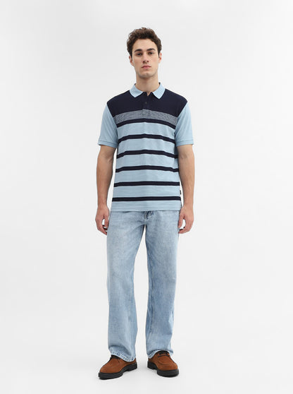 Navy Blue Striped Slim Fit Polo T-Shirt | Greenfibre