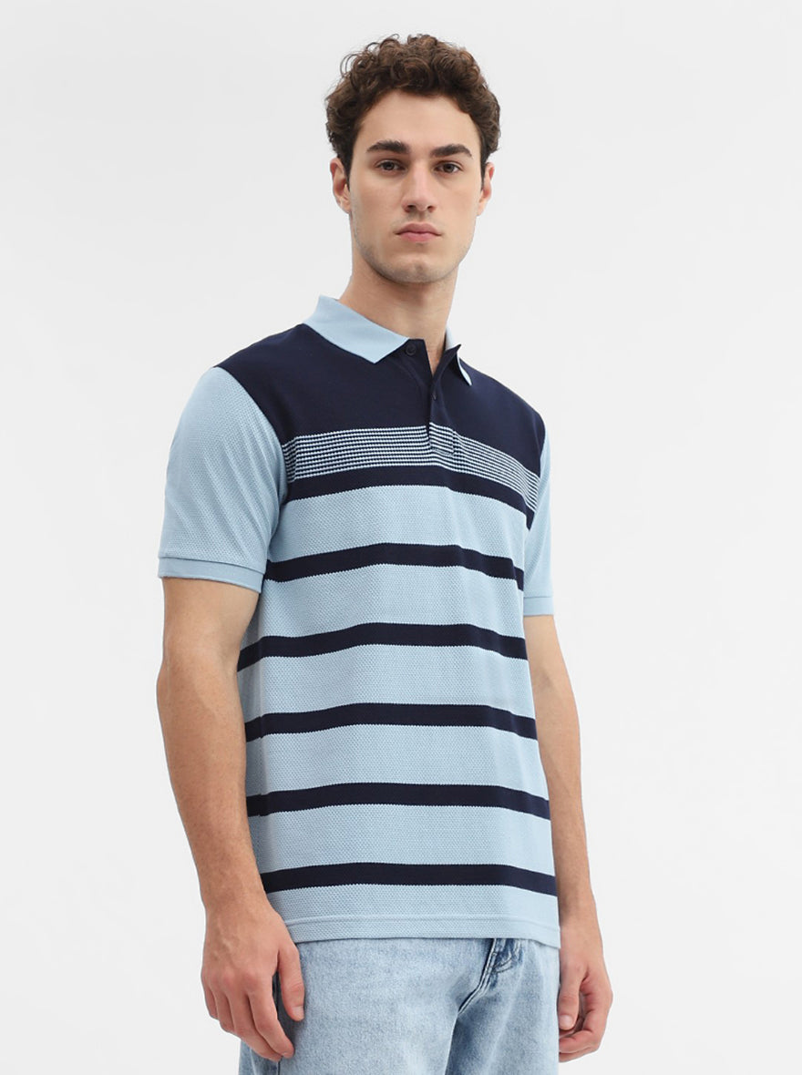 Navy Blue Striped Slim Fit Polo T-Shirt | Greenfibre