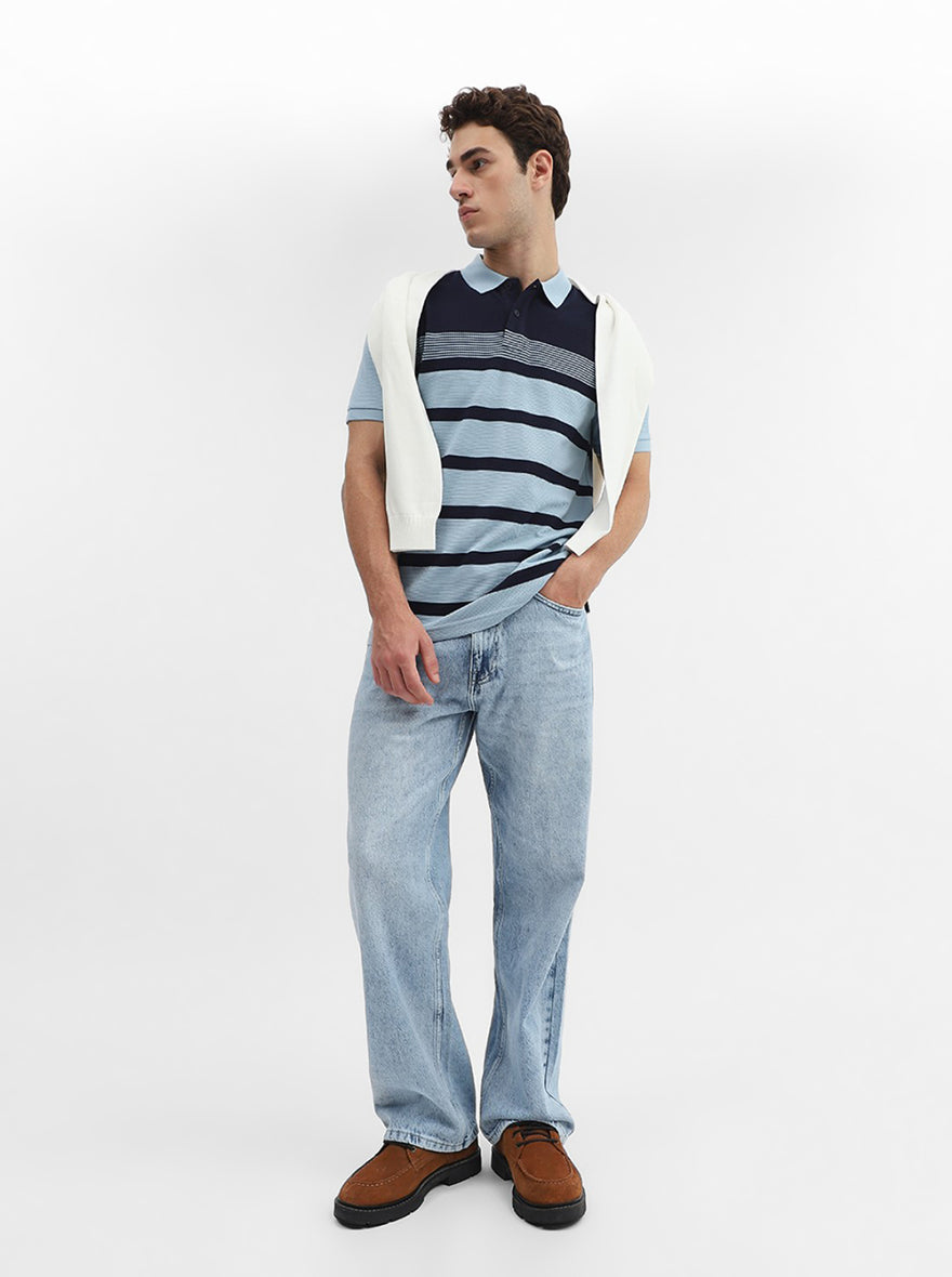 Navy Blue Striped Slim Fit Polo T-Shirt | Greenfibre